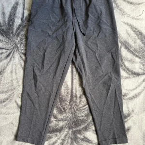 Grå kostymbyxor från Zara med snörning - Snygga grå kostymbyxor från Zara i storlek L. Byxorna har en avslappnad passform med dragsko i midjan för extra komfort. Perfekta för en stilren look och lätta att matcha med olika överdelar.