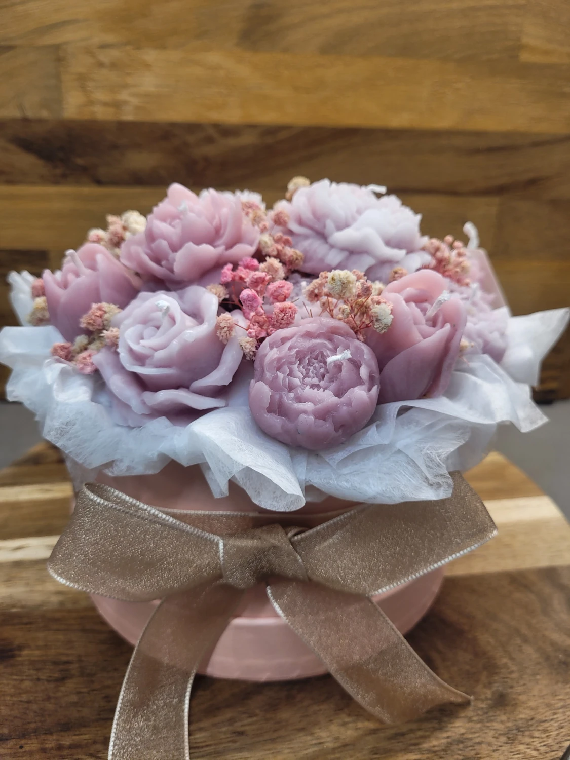 Rosa ljusbukett i box - 1