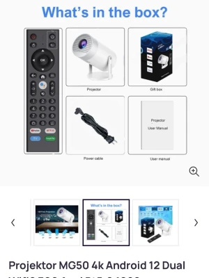 Projektor MG50 4K Android 12 - Snygg vit projektor MG50 med Android 12 och 4K-upplösning. Kommer med fjärrkontroll, strömkabel och användarmanual. Projektorn har en rundad, modern design och stöd för appar som Netflix och YouTube. Perfekt för streaming och filmkvällar.