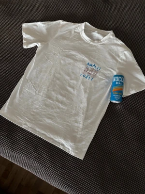 Snygg vit T-shirt - Vit t-shirt med blått tryck och illustrationer av räkor på både fram och baksida. Skön passform och klassisk rund hals. Perfekt för dig som gillar stilrena plagg med en twist och vill sticka ut lite extra. Helt ny och skickas inom en vecka!