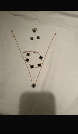 Smycken set - Säljer jättefina smycken set av armband, halsband, ring och örhängen i guld med svarta fyrklöverdetaljer. Pris kan diskuteras!