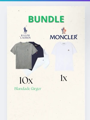 T-shirtpaket Ralph Lauren & Moncler - Säljer ett paket med 10 t-shirts från Ralph Lauren och 1 t-shirt från Moncler. T-shirtsen är i blandade färger som grå, vit och mörkgrå, alla med klassisk logga på bröstet. De är kortärmade och i mjuk bomull, perfekt för en clean och stilren look.