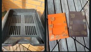 Kontor  - Kontor plastbricka och två dekorerade vykort,  orange och en brun. 