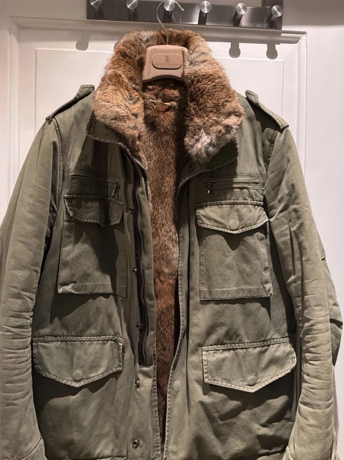 Olivgrön fieldjacka med äkta kaninpälspäls - 2