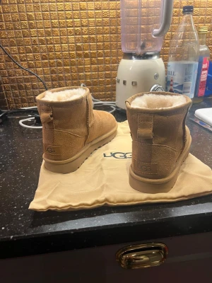 Beige UGGs - Säljer ett par klassiska oanvända UGG boots i beige mocka med mjukt vitt fårskinnsfoder. Skorna har rund tå, platt sula och är låga i modellen. UGG-logga bak på hälen och levereras med dustbag. (Pris kan diskuteras)