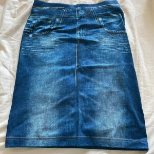 Blå kjol med jeansmönster L/XL - Säljer en ny blå kjol med coolt jeansmönster från Slip-in Skirt. Kjolen är rak i modellen och har tryckta detaljer som fickor och sömmar. Tillverkad i mjuk polyester med lite stretch för extra komfort. Perfekt för dig som gillar jeanslooken men vill ha något bekvämare.