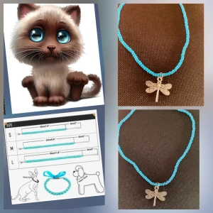 By prisförslag- kattHalsband med trollslända och blå pärlor - Snyggt katthalsband med små blå pärlor och ett silverfärgat hänge i form av en trollslända. Perfekt accessoar för dig som gillar unika detaljer och färg. Passar perfekt till katten.