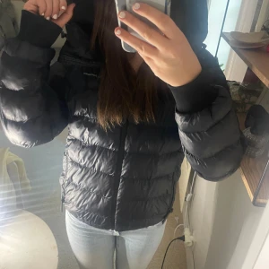 Svart dunjacka från Peak Performance - Säljer en svart dunjacka från Peak Performance med huva och dragkedja. Jackan är quiltad och har en klassisk pufferstil med logga på bröstet. Perfekt för kalla dagar och riktigt snygg till jeans eller mjukis.