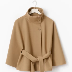 Beige capejacka med bälte och hög krage - Stilren beige capejacka med hög krage och tre knappar framtill. Jackan har vida ärmar och ett matchande bälte i midjan för en snygg siluett. Tillverkad i ett mjukt ullblandat material som känns lyxigt och passar perfekt till höst och vår.