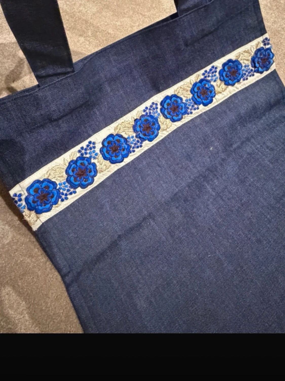 Blå shoppingväska med blommigt band - 2