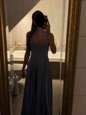 Ljusblå balklänning från Nelly - Ljusblå långklänning från Nelly med tunna axelband och v-ringning. Klänningen har öppen rygg med korsade axelband. Använd en gång (på min bal) för 2 år sen och verkar inte längre finnas på nellys hemsida!!