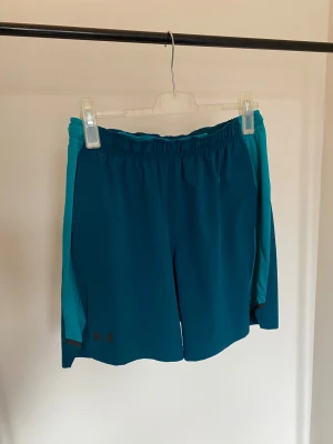 Gröna träningsshorts från Under Armour -storlek Large - Säljer ett par gröna träningsshorts från Under Armour i loose fit. Shortsen har elastisk midja, sidopaneler i ljusare  nyans och är tillverkade i ett lätt syntetmaterial som andas. Perfekta för gymmet eller löprundan.