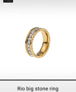 Guldfärgad ring med stenar från Snö of Sweden - Snygg guldfärgad ring från Snö of Sweden med en rad glittrande vita stenar runt hela ringen. Ringen har en modern och stilren design med märkets namn ingraverat längs kanten. Perfekt för dig som gillar att sticka ut med dina accessoarer.