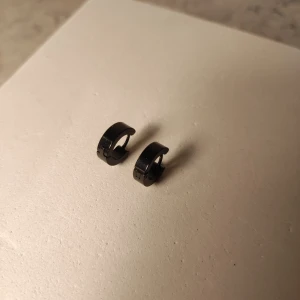 Små svarta chunky örhängen  - Säljer ett par svarta chunky örhängen med enkel och stilren design. De är små, runda och har en smidig klickstängning som gör dem lätta att ta på och av. Perfekta för dig som gillar minimalistiska accessoarer med lite edge.