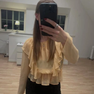 volangblus  - Säljer en jättesöt  blus med transparenta, långa ärmar och flera lager volanger framtill och runt axlarna. Blusen har en luftig och flowy passform med rund hals och elastisk midja.  Den är mer persiko färgad i verkligheten, jätte söt färg🧡