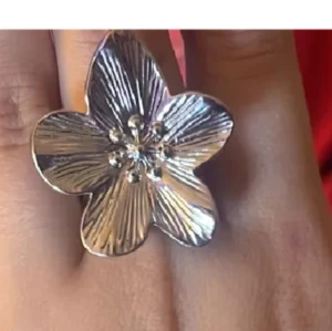 Stor silverring med blomma - Säljer en unik och snygg ring i silverfärgat material med en stor blomformad design. Ringen har fem kronblad med detaljerade linjer och små kulor i mitten som ger en cool 3D-effekt. Perfekt för dig som gillar statement-smycken och vill sticka ut.