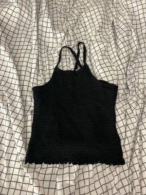 Svart smockad linnetopp Lindex - Säljer en svart linnetopp från Lindex med smockad struktur och tunna axelband. Toppen har en rak passform och söt vågig kant längst ner. Perfekt till sommaren och enkel att matcha med allt.