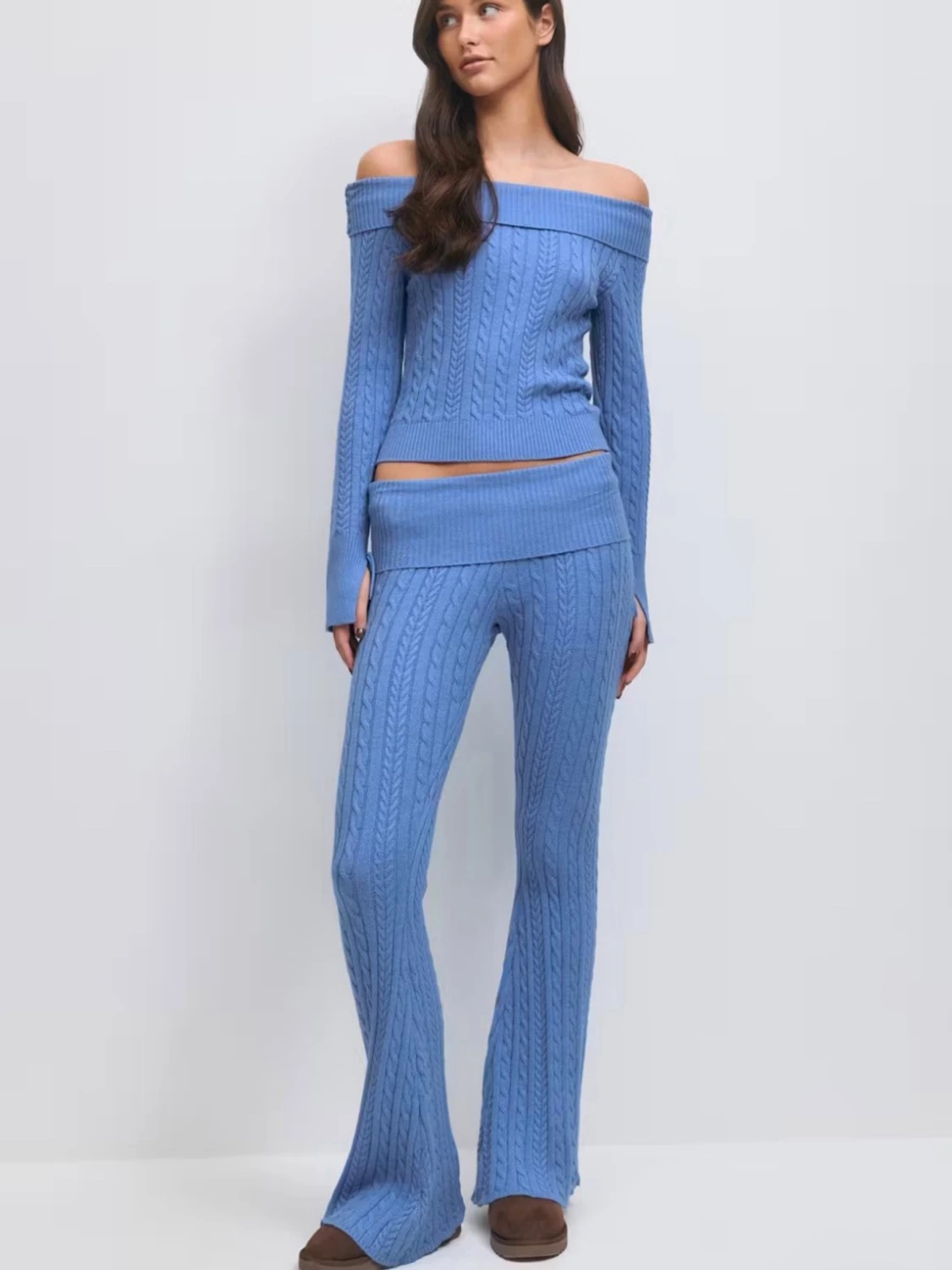 Blå offshoulder stickad tröja - 3