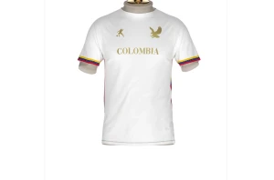 Vit Colombia t-shirt LAIB - Vit t-shirt från LAIB med guldiga tryck, texten 'COLOMBIA' och motiv av en fotbollsspelare och en örn. Färgglada detaljer i rött, blått och gult på ärmsluten och längs sidorna. Tillverkad i luftig polyester, perfekt för fotboll eller chill. Säljer den för att den inte har kommit till användning. OBS! Finns en smink fläck på mudden. Den går att ta bort. Pris går att diskuteras:)