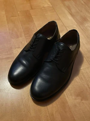 Svarta skinnskor från Manz - Snygga svarta skinnskor från Manz med klassisk rund tå och snörning. Skorna har en stilren design med platt sula och detaljerad insida i brunt läder. Perfekta för dig som gillar tidlös stil och vill ha något som funkar till många olika outfits. Är osäker på storleken men innermått är 245mm. 