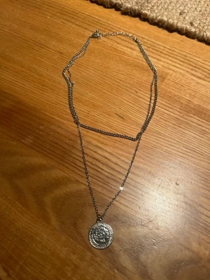 Silvrigt dubbelhalsband - Säljer ett dubbe halsband med ett runt myntformat hänge i silverfärg.