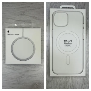 Apple MagSafe-laddare + iPhone 15 skal med MagSafe - Hej!  Säljer ett Apple-kit som passar perfekt ihop:  • Apple MagSafe-laddare:  - Original från Apple.  - I nyskick, använd bara ett fåtal gånger.  - USB-C-anslutning.  - 15W trådlös snabbladdning.  - Magnetisk fastsättning för iPhone 12 och nyare.  - Fungerar även med MagSafe-kompatibla skal.  - Originalkartong medföljer. ———— • Apple iPhone 15 Skal med MagSafe (transparent):  - Helt NY och OBRUTEN förpackning!  - Original Apple-skal.  - Inbyggd MagSafe-magnet.  - Nypris: 695 kr.