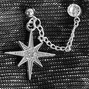 By prisförslag- 1 st Silvrigt stjärnörhänge med kedja - Ett snyggt örhänge i silverfärg med en glittrig åttaspetsig stjärna som hänger i en tunn kedja mellan två öronfästen. Stjärnan är dekorerad med små gnistrande stenar som ger extra bling. Perfekt accessoar för dig som vill sticka ut.