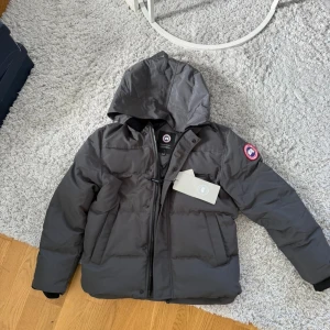Grå dunjacka från Canada Goose - Säljer en grå dunjacka från Canada Goose med huva och klassisk logga på ärmen. Jackan har dragkedja, stora fickor och en clean, puffig look. Perfekt för kalla dagar och riktigt snygg till streetwear-stilen.