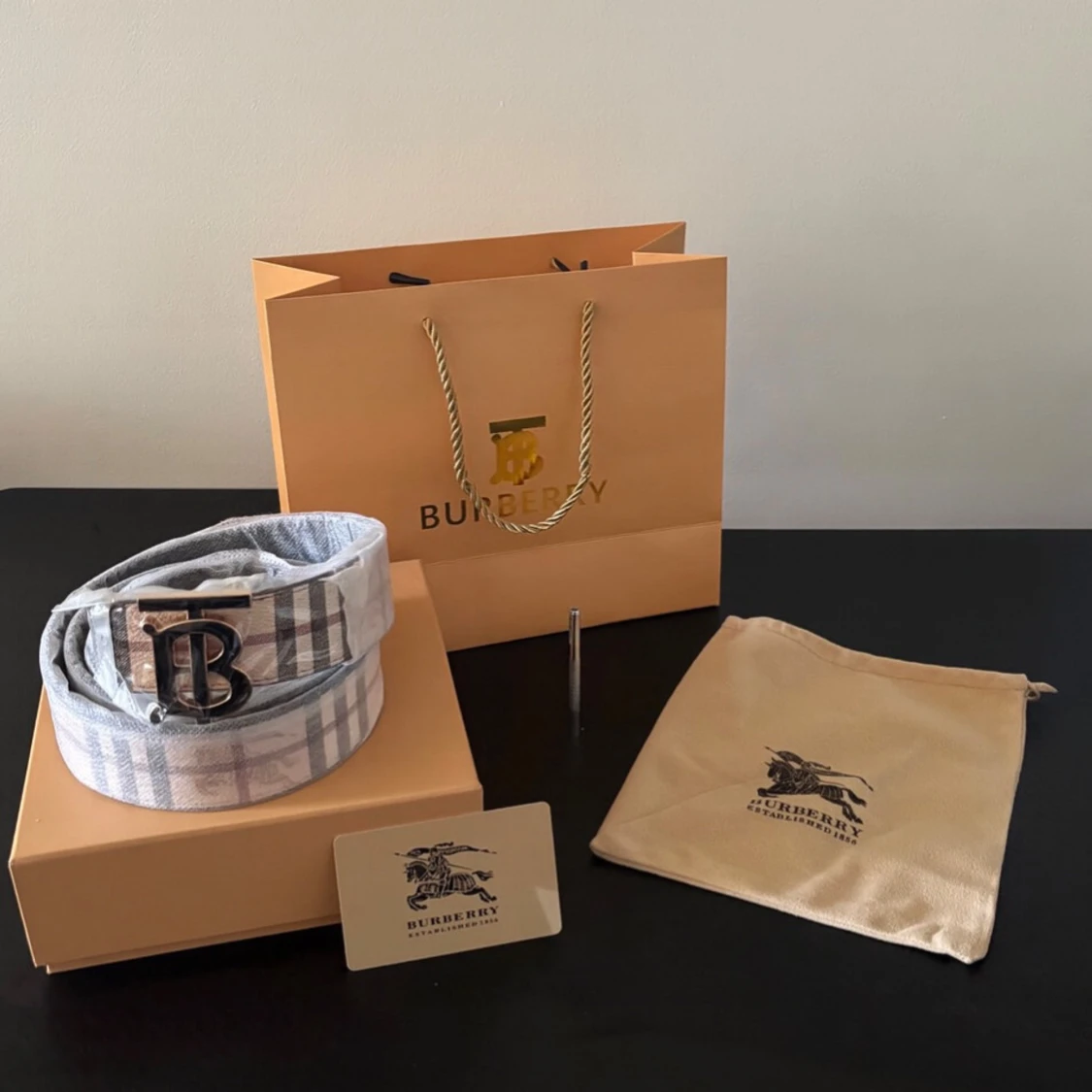 Rutig Burberry bälte med silverdetalj - 3