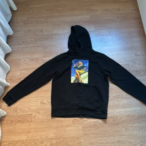 Svart hoodie med retrotryck, stl S - Svart hoodie med stor färgglad retroinspirerad print framtill som föreställer en pinup-tjej på en båt. Klassisk känguruficka och huva med snörning. Perfekt för dig som gillar unika och coola motiv.