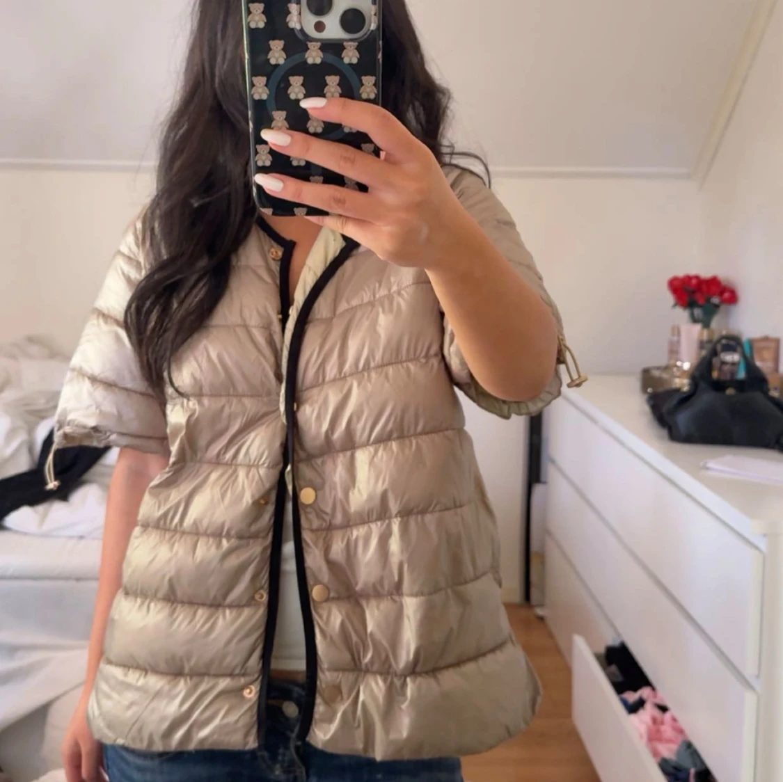 Beige trekvartsärmad pufferjacka - 1