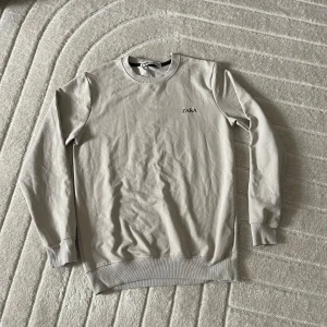 Beige långärmad tröja från Zara - Säljer en stilren beige långärmad tröja från Zara med broderad logga på bröstet. Tröjan har rund halsringning, ribbade muddar och är gjord i mjuk bomull. Perfekt för en clean och enkel look.