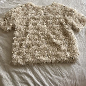 Beige paljettopp från Zara - Superfin beige topp från Zara med korta ärmar, täckt av fluffiga detaljer och glittrande paljetter. Ger en riktigt cool och unik look med sin textur och skimrande yta. Perfekt för dig som vill sticka ut och älskar statement-plagg.
