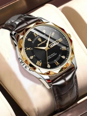 Läder armband guld svarta klocka  - Läder armband och guld svart