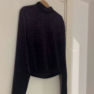 Glittrig topp från H&M - Mörklila långärmad polotopp från H&M med glittrigt tyg och öppen rygg. Endast använd två gånger perfekt för fester och nyår! Storlek S men skulle även säga att den passar en M.