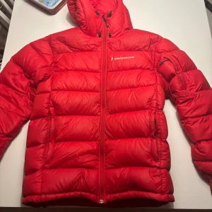 Röd Peak Performance dunjacka S - Säljer en röd dunjacka från Peak Performance i storlek S. Jackan har huva med snörning, dragkedja framtill och broderad logga på bröstet. Puffad design med breda kanaler och R&D-detalj på ärmen. Perfekt för kalla dagar när du vill vara både varm och snygg.