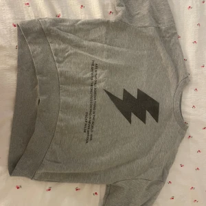 Grå sweatshirt med blixt från Kappahl - Grå sweatshirt från Kappahl i storlek 158/164. Framsidan har ett svart blixttryck och citat från Oscar Wilde. Tröjan har ribbade muddar vid ärmslut och nederkant samt rund hals. Perfekt för dig som gillar coola prints och enkel stil.
