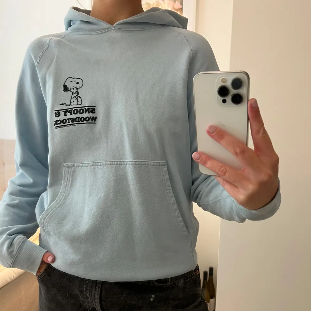 Säljer en superfin ljusblå hoodie från Sandro med ett tryck av Snoopy & Woodstock på framsidan. Den har en stor ficka fram och texten 'GEE SOMEBODY CARES' på baksidan. Perfekt för en avslappnad stil och mysiga dagar!. Hupparit & Collegepaidat.
