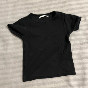 Svart ribbad t-shirt från 157 - Säljer en svart ribbad t-shirt från 157. Den har en enkel design med korta ärmar och rund hals. Perfekt för en avslappnad stil. Storlek 120