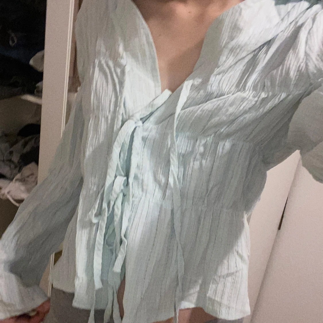 Ljus blå blus knytblus topp - 92