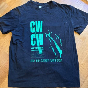 Svart t-shirt med tryck från CW - Säljer en svart t-shirt från CW med ett coolt grönt tryck på framsidan. T-shirten har en normal passform och korta ärmar, perfekt för en avslappnad stil.