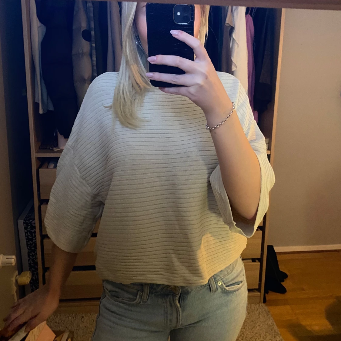 Ribbad Trekvartsärmad topp - 90