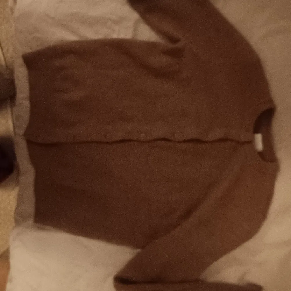 Mysig brun kofta från H&M i storlek S. Perfekt för höst och vinter med sina långa ärmar och knappar framtill. Materialet känns mjukt och skönt, vilket gör den idealisk för kyliga dagar. Ett måste i garderoben för en stilren look!. Neuletakit & Villapaidat.