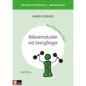 Intensivträning i matematik innebär att en elev får en-till-en-undervisning utöver undervisningen i klassen under en begränsad tid, 20-30 min per dag, 4-5 dagar/vecka. Varje träningstillfälle har ett eget uppslag i elevhäftet och där finns även aktiviteter som eleven ska göra tillsammans med en vuxen hemma eller med läxhjälp i skolan. Till varje elevhäfte finns en handledning med aktiviteter, uppgifter och utmanande frågor. Handledningen har en tydlig arbetsgång som man kan följa vid varje träningstillfälle. Arbetsgången ger eleven möjlighet att använda språket, generalisera och utveckla inre bilder som ett stöd för det abstrakta tänkandet. Handledning Till varje elevhäfte finns en handledning med aktiviteter, uppgifter och utmanande frågor I handledningen finns konkret beskrivet hur undervisningen ska läggas upp. Läs och genomför varje moment steg för steg för lyckat resultat: 1. LärandemålVarje avsnitt inleds med lärandemål och en beskrivning av vad du behöver för material till avsnittet 2. GenomgångSteg för steg får du veta vad du ska säga, göra och fråga innan eleven ska göra uppgifterna i häftet. Genomgången innebär ofta att eleven först får möta och samtala utifrån konkret material, för att sedan övergå till bilder.  3. UppgifterTill alla uppgifter som finns i elevhäftet finns stöd i handledningen. 4. Förbered hemuppgifternaInnan eleven tar hem läxan förbereder ni den gemensamt i skolan.  Elevhäfte Varje träningstillfälle är ett uppslag i elevens häfte, där en sida är för arbete i skolan och en sida för arbete hemma. Om eleven har möjlighet finns det extra färdighetsträning på webben att fortsätta med. Längst ner på sidan finns alltid lärandemålen beskrivna. Där finns också utrymme för den som hjälper till med läxan att skriva en kommentar.   Format Häftad   Omfång 43 sidor   Språk Svenska   Förlag Natur & Kultur Läromedel   Utgivningsdatum 2016-10-25   Medverkande Kari Wahlström   Medverkande Åsa Gustafsson   ISBN 9789127439412  