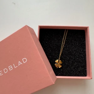 Guldhalsband med fyrklöver från Edblad - Elegant guldhalsband från Edblad med ett charmigt fyrklöverhänge. Perfekt för att ge en touch av lycka och stil till din outfit. Kommer i en fin rosa ask. Använt en gång, men säljer för jag fick ett till halsband. Ny pris 400 säljer för 200 pris kan diskuteras.