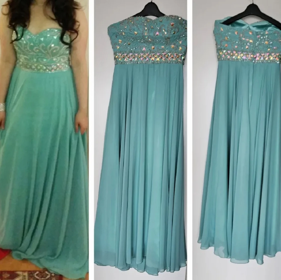 Turkos axelbandslös klänning