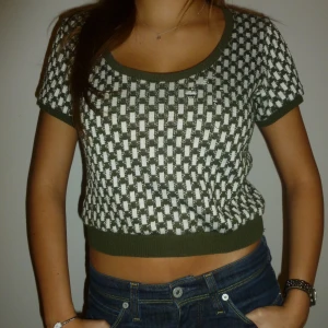 Grön och vit kortärmad topp - Snygg grön och vit topp med korta ärmar och ett rutigt mönster. Den är croppad vilket är super fint till låg midjade jeans👖 (pris kan diskuteras med tanke på defekt)