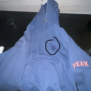 Blå hoodie från Peak Performance - Säljer en blå hoodie från Peak Performance i bra skick. Den har en liten fläck på framsidan men är annars i fint skick. Perfekt för höst och vår med sin mjuka och bekväma passform. Stor logga på ärmen ger en sportig look. Hör av dig vid intresse!