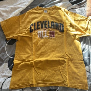 Gul Cleveland T-shirt - Säljer en gul T-shirt med trycket 'Cleveland All In 2015 Playoffs' på framsidan. Baksidan har texten 'The New Tim Daly Chevrolet'. T-shirten är kortärmad och i bomull, perfekt för sommarens alla äventyr. Den har en normal passform och är i bra skick.