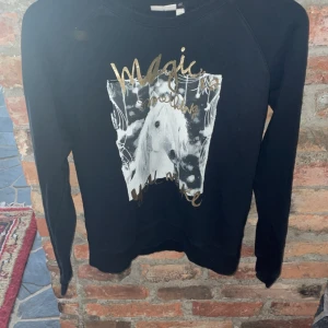 Svart tröja med hästmotiv från KappAhl - Säljer en svart tröja från KappAhl med ett coolt hästmotiv och texten 'Magic' i guld. Tröjan har långa ärmar och är perfekt för höst och vinter. Den är i mycket bra skick och passar både till vardags och lite festligare tillfällen. 🖤✨